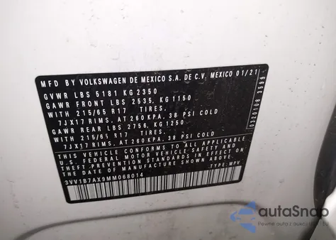 2021 Volkswagen Tiguan 2.0T S из США, поврежденный, VIN 3VV1B7AX9MM068014